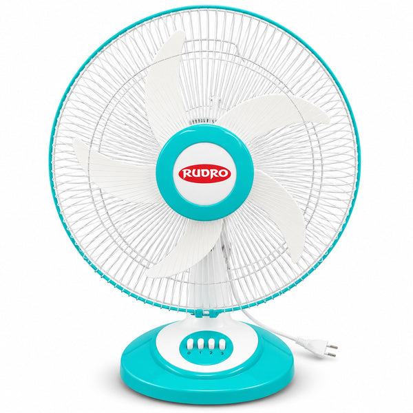 Rudro 16 Inch Table Fan - Aqua with White Blades, 5 Blade (400 mm) - Rudro, Ravindra Industries Balasore