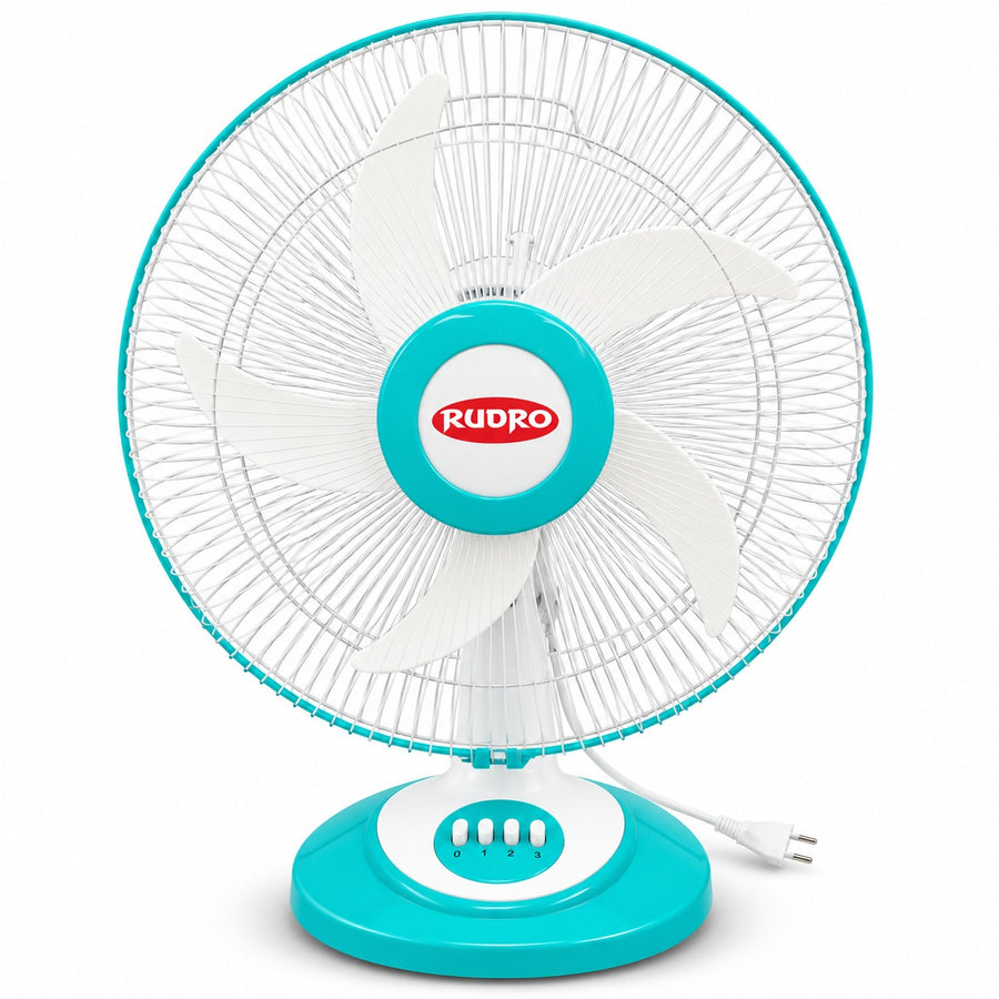 Rudro 16 Inch Table Fan - Aqua with White Blades, 5 Blade (400 mm) - Rudro, Ravindra Industries Balasore