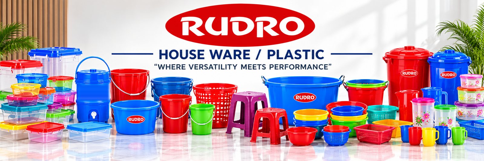 Rudro plastic houseware range - buckets, tubs, stools, mugs and storage boxes by Ravindra Industries, Balasore